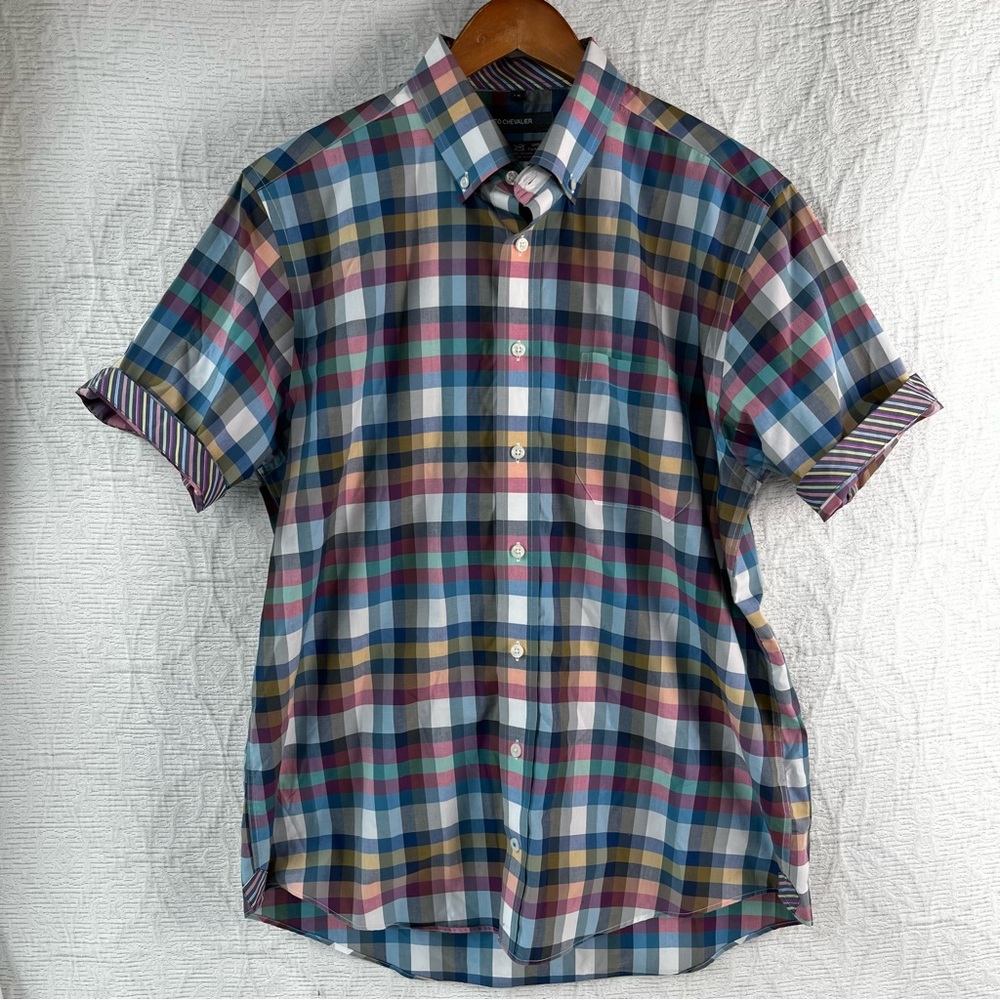 Leo Chevalier Men L Shirt Vtg Plaid Check Colorful Light Cotton No Iron Button